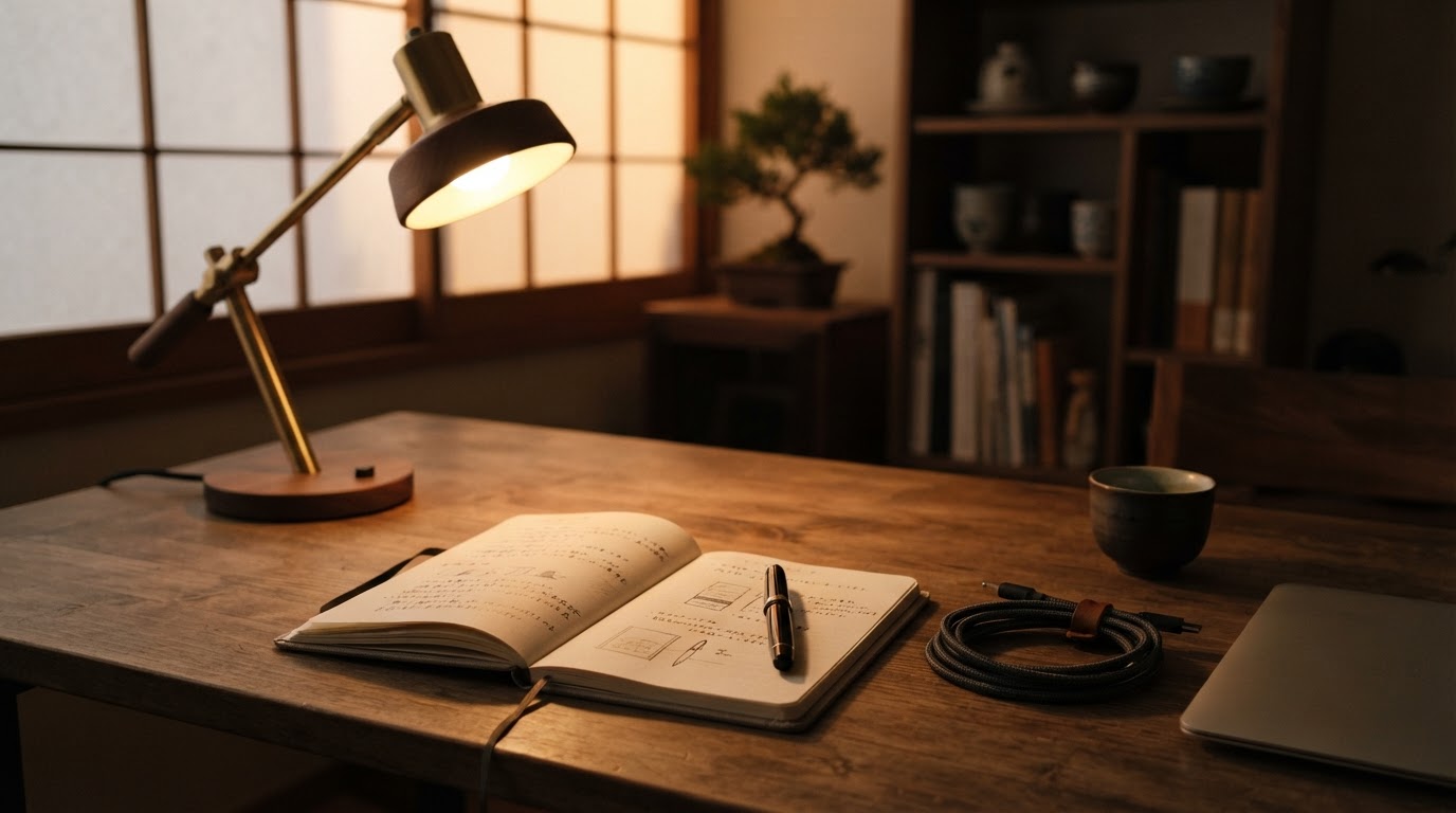 Close-up of a warm desk lamp illuminating a wooden work surface, linen notebook, and carefully coiled charging cable at dusk.