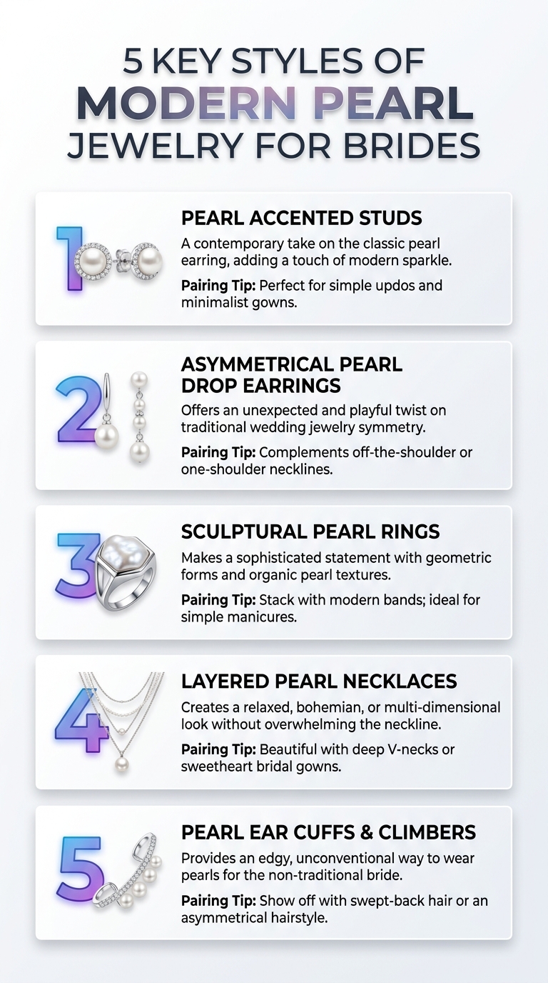 Infographic showing 5 key styles of modern pearl jewelry for brides, including necklaces, earrings, and bracelets.