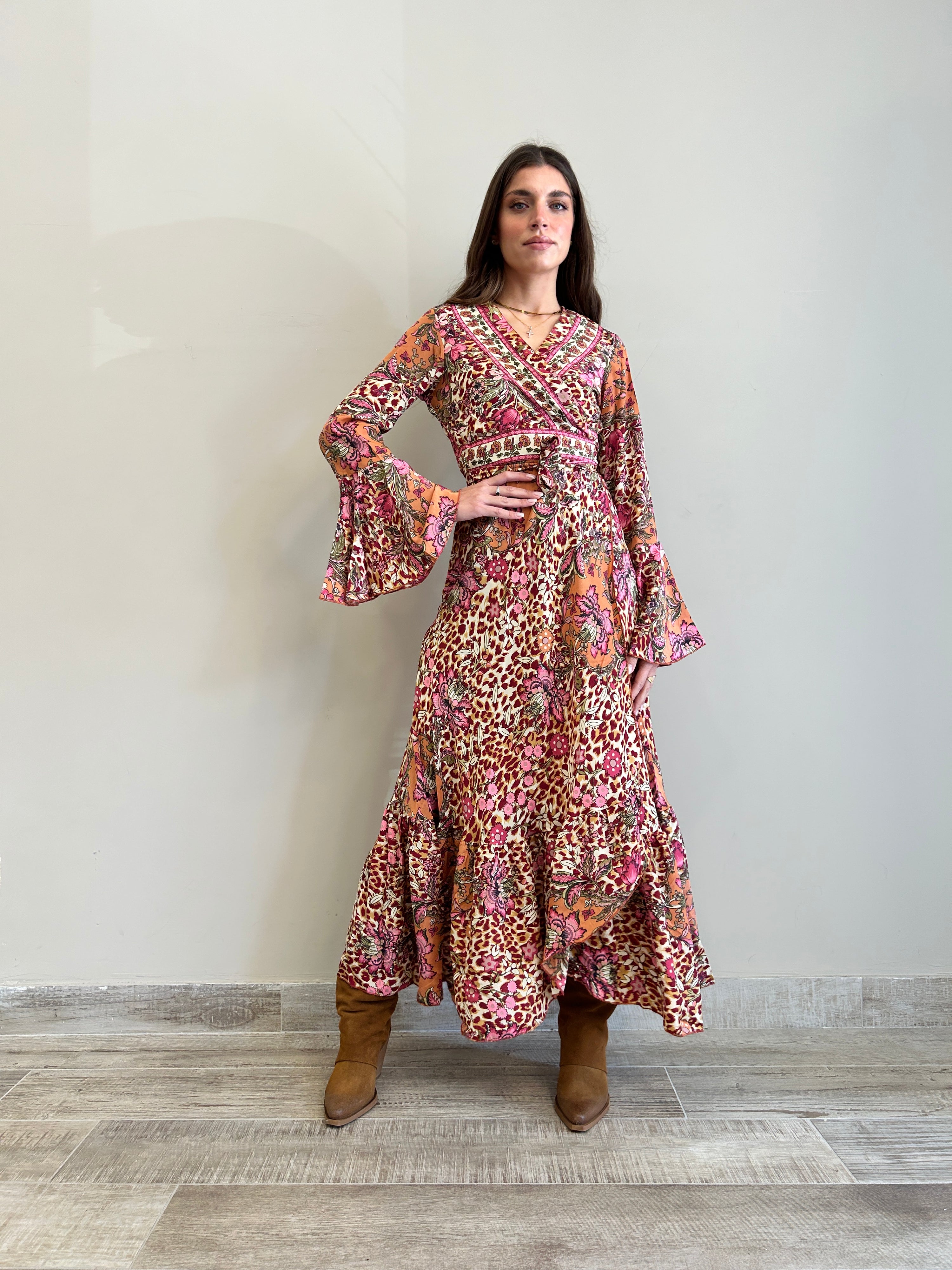 Abito kimono boho in seta Flower Leo Pink Freelove Ibiza