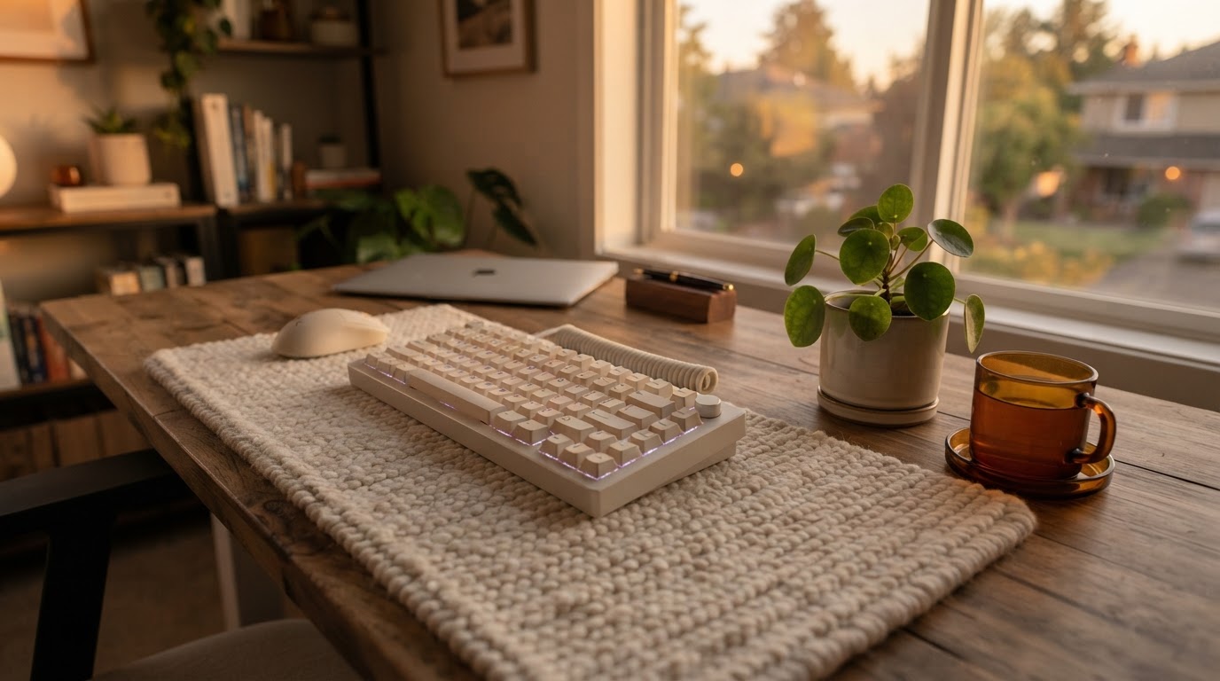 A finished workstation pairs a cream desk mat with a matching light keyboard beside a small plant, framed wide in warm