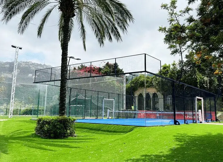 Outdoor padel court surrounded by greenery and palm trees