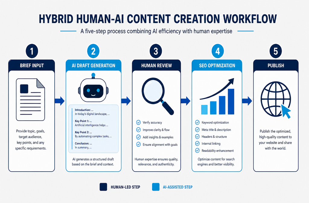 Image 3: Landscape format (1536x1024) workflow diagram showing a five-step hybrid human-AI content creation process: Step 1 Brief Input (icon: document), Step 2 AI Draft Generation (icon: robot head with text stream), Step 3 Human Review (icon: magnifying glass), Step 4 SEO Optimization (icon: bar chart), Step 5 Publish (icon: globe). Connected by arrows on a clean light-gray background with navy and cyan accent colors. Flat design, professional infographic style, no people shown.