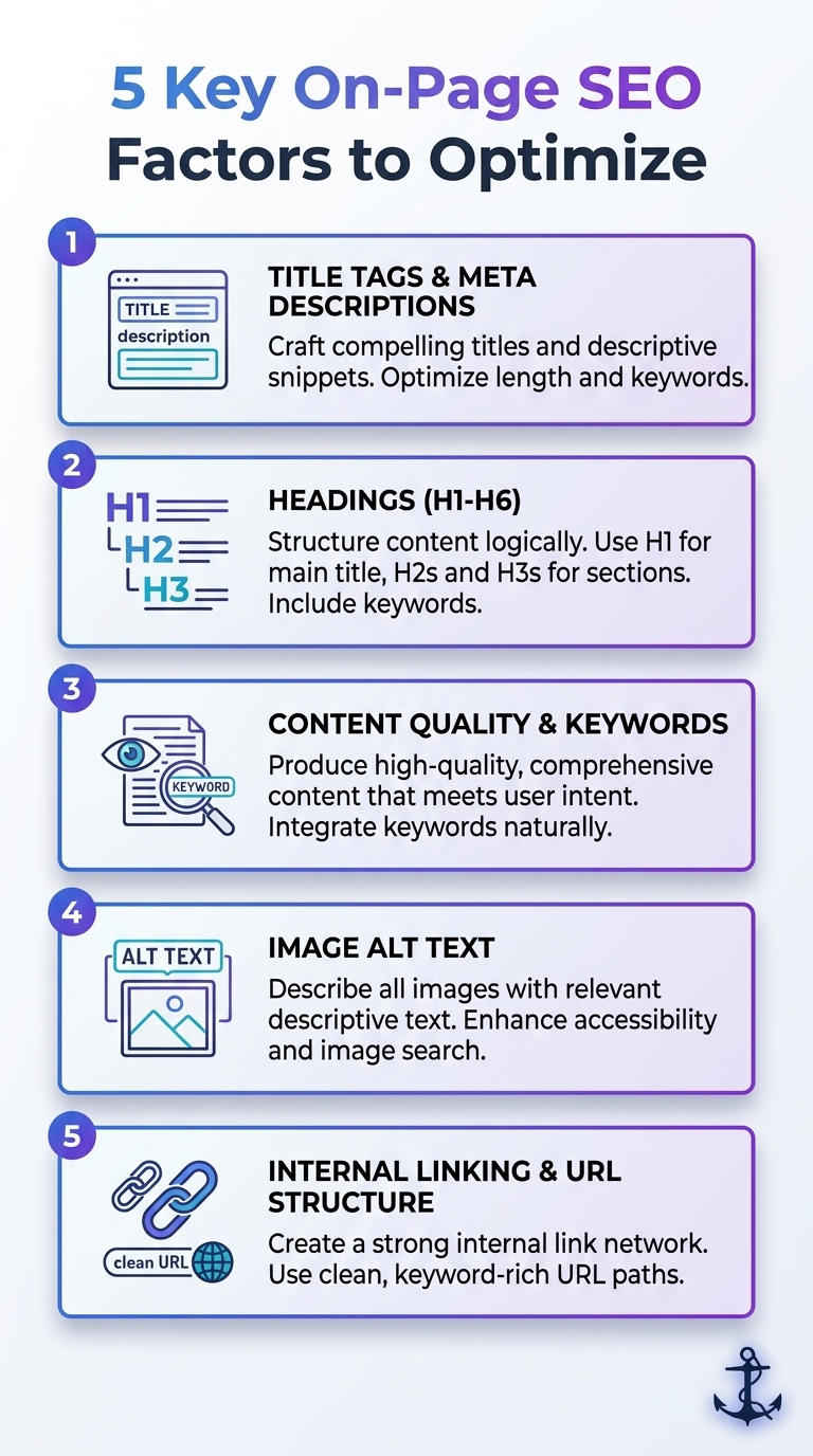 Infographic of 5 key on-page SEO factors to optimize: content, titles, meta tags, internal links, speed.