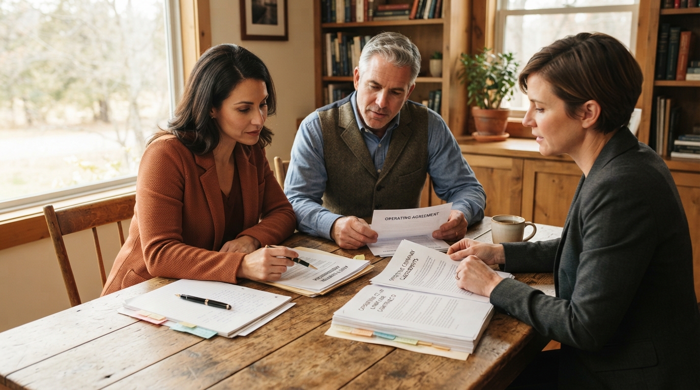 Two business owners and a lawyer compare separate asset-transfer and customer-contract papers around a sunlit farmhouse