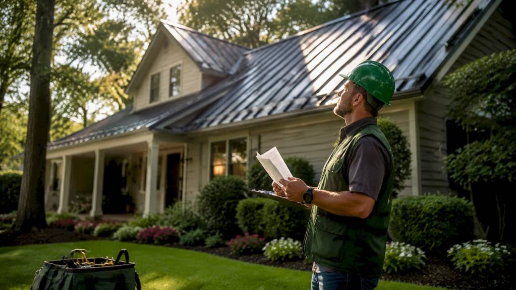 Contractor inspecting metal roof outdoors