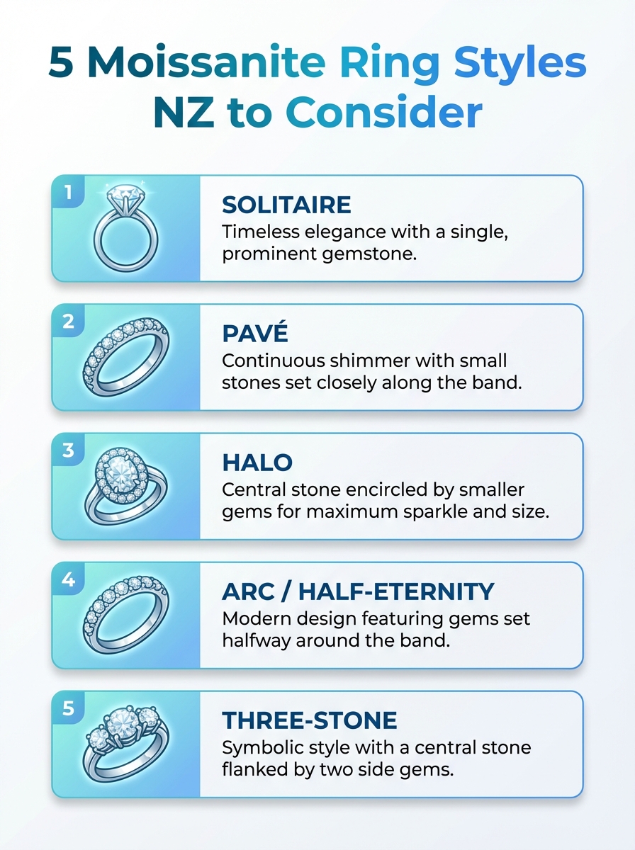 Moissanite Engagement Ring NZ infographic comparing 5 NZ ring styles for engagement.