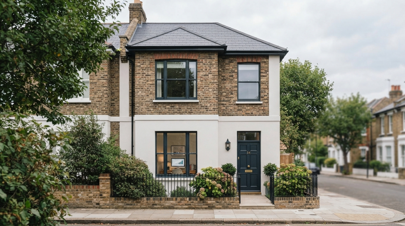 A contemporary British townhouse with a subtle home-office window, photographed alone in soft overcast light, its clean