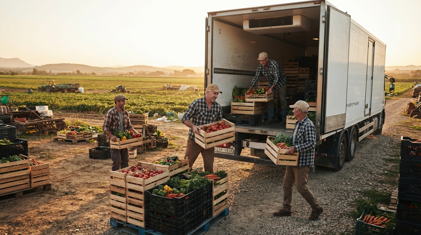 Farmers load crates of harvested vegetables into a refrigerated truck at a rural produce collection site in late afternoon