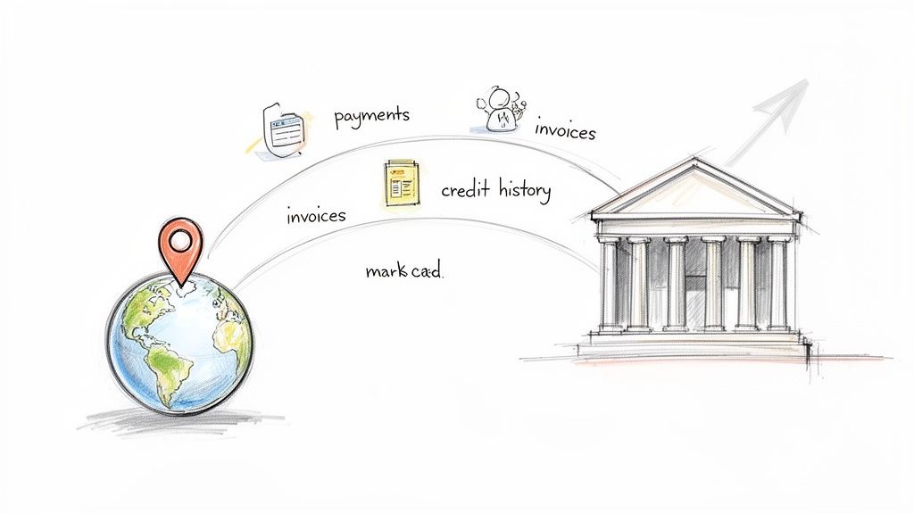Illustration of financial data flow including payments, invoices, credit history, and a bank connected to a global location.