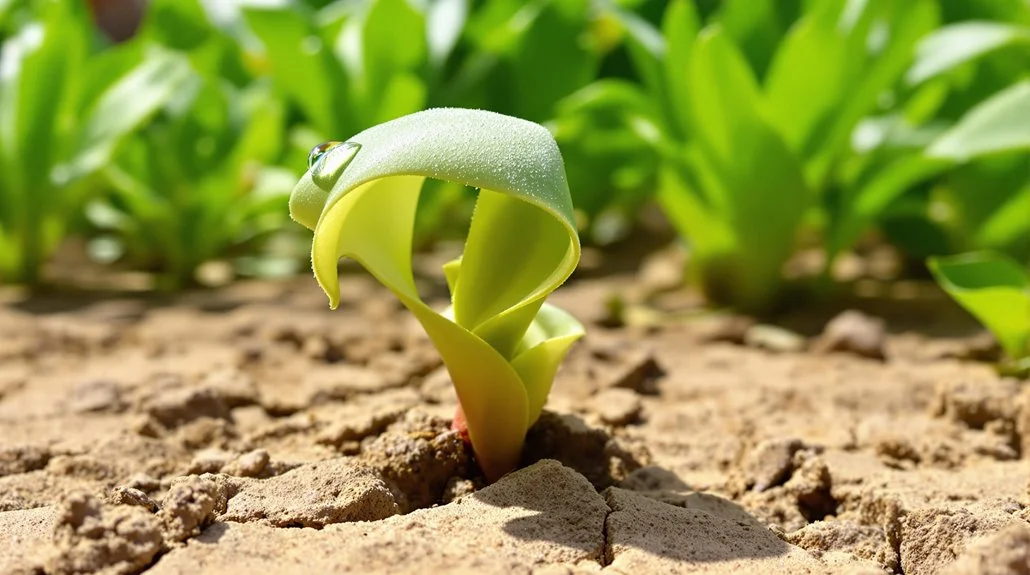A small seedling growing in dry soil beside leafy garden plants