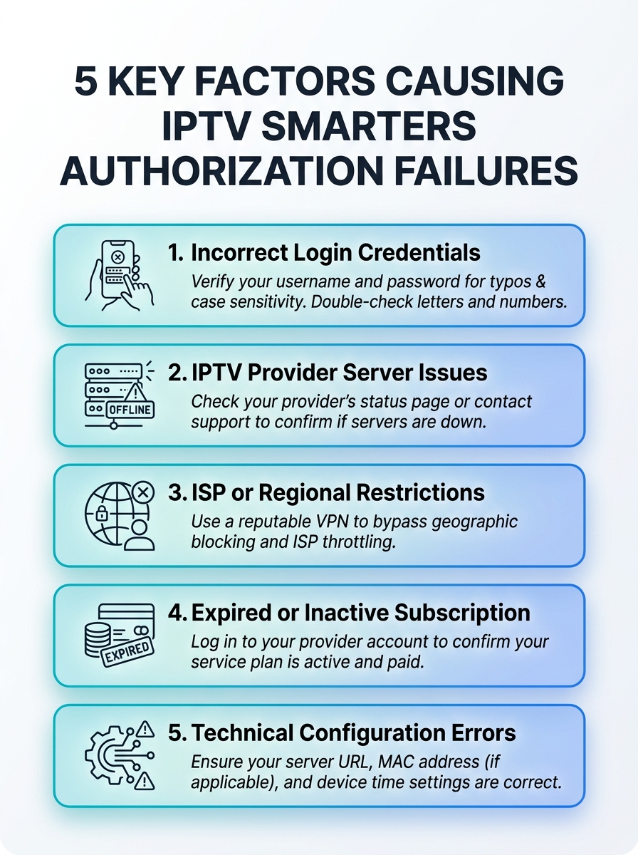 Infographic: 5 key factors causing iptv smarters failed to authorize, with quick troubleshooting tips.