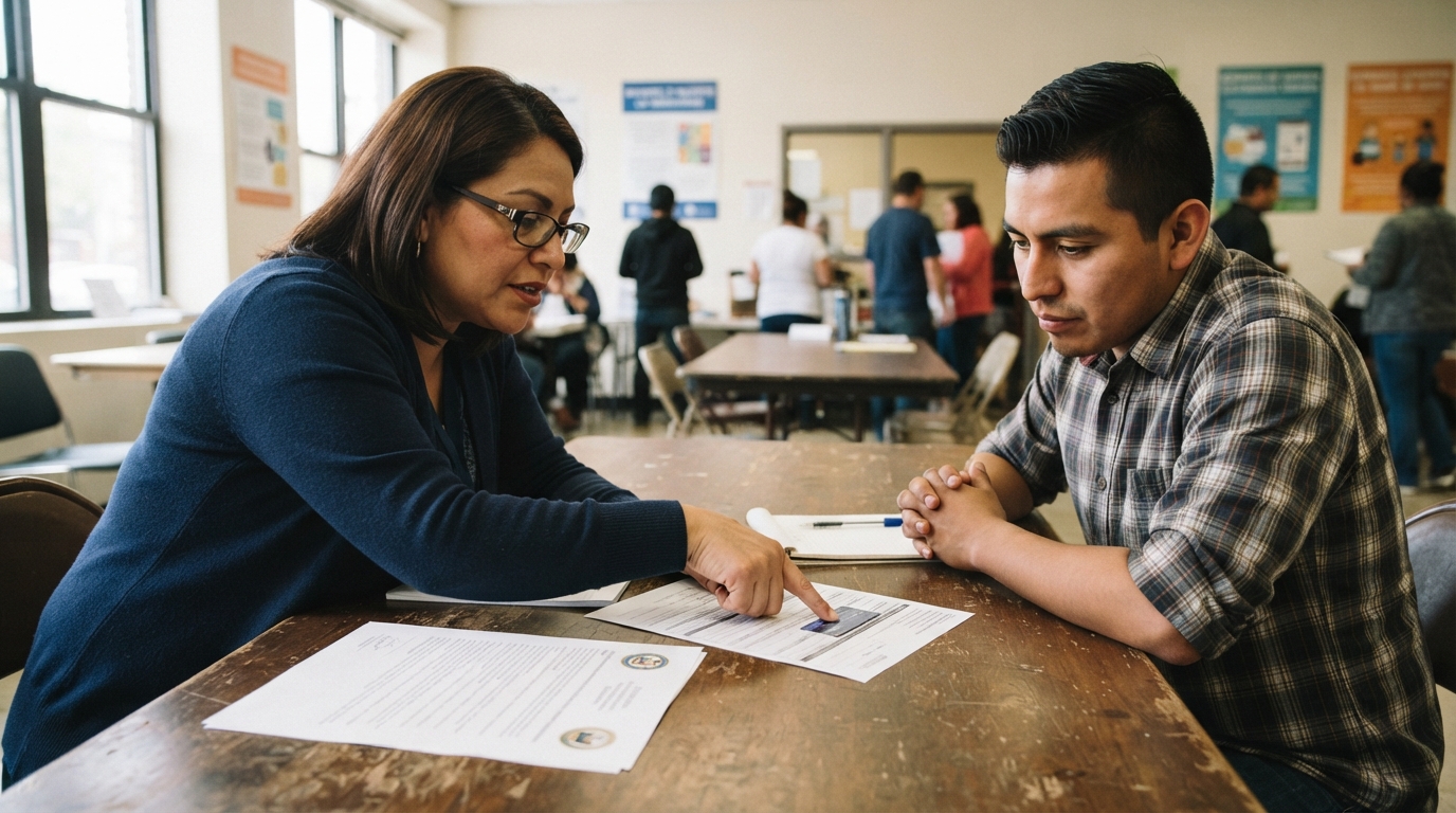 A financial counselor points to a secured-card application beside an ITIN notice as an applicant listens across a