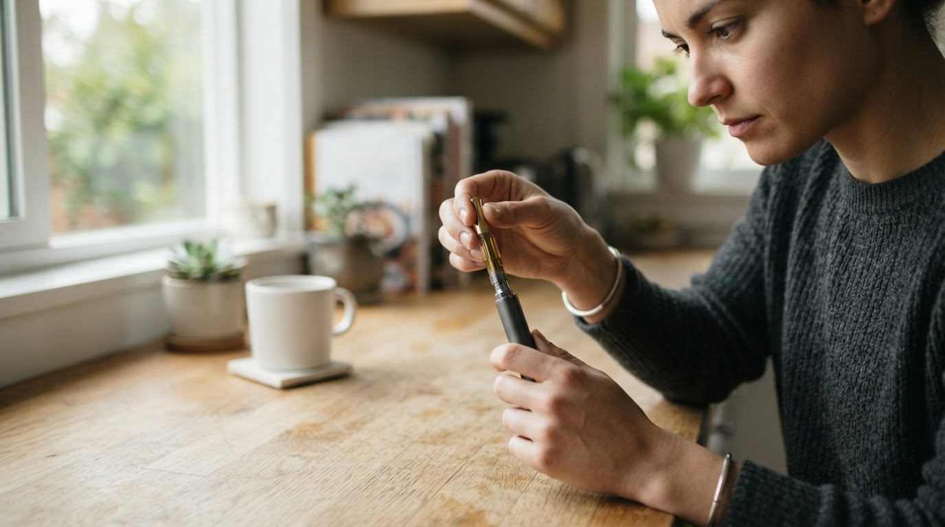 A person holds a small cannabis vape cartridge and separate battery in a quiet kitchen, examining how the pieces connect
