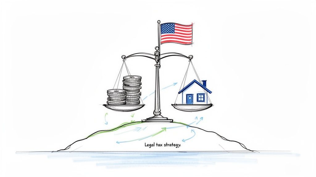 A scale balancing money and a house, with an American flag, representing legal tax strategy.