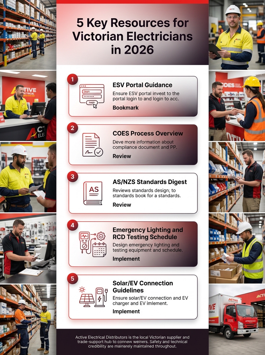 Infographic showing five key resources for Victorian electricians in 2026, covering standards, compliance and trade tools.