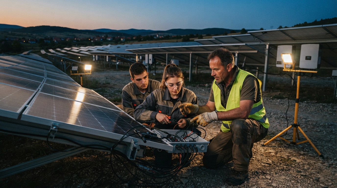 An experienced technician guides local trainees through wiring a solar panel array at an outdoor energy installation at dusk.