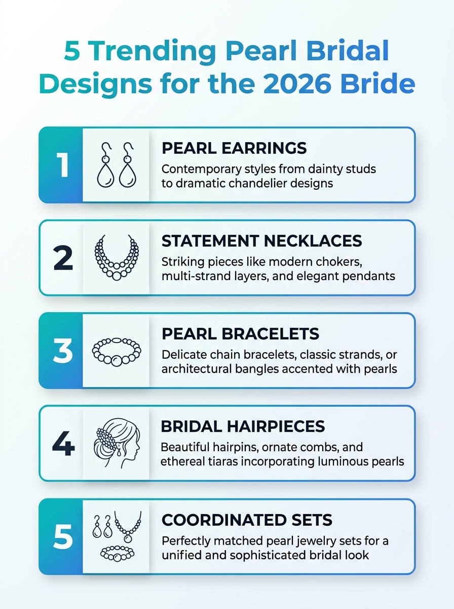 Infographic of the top trending pearl jewelry designs for the 2026 bride with 5 bridal pearl styles.