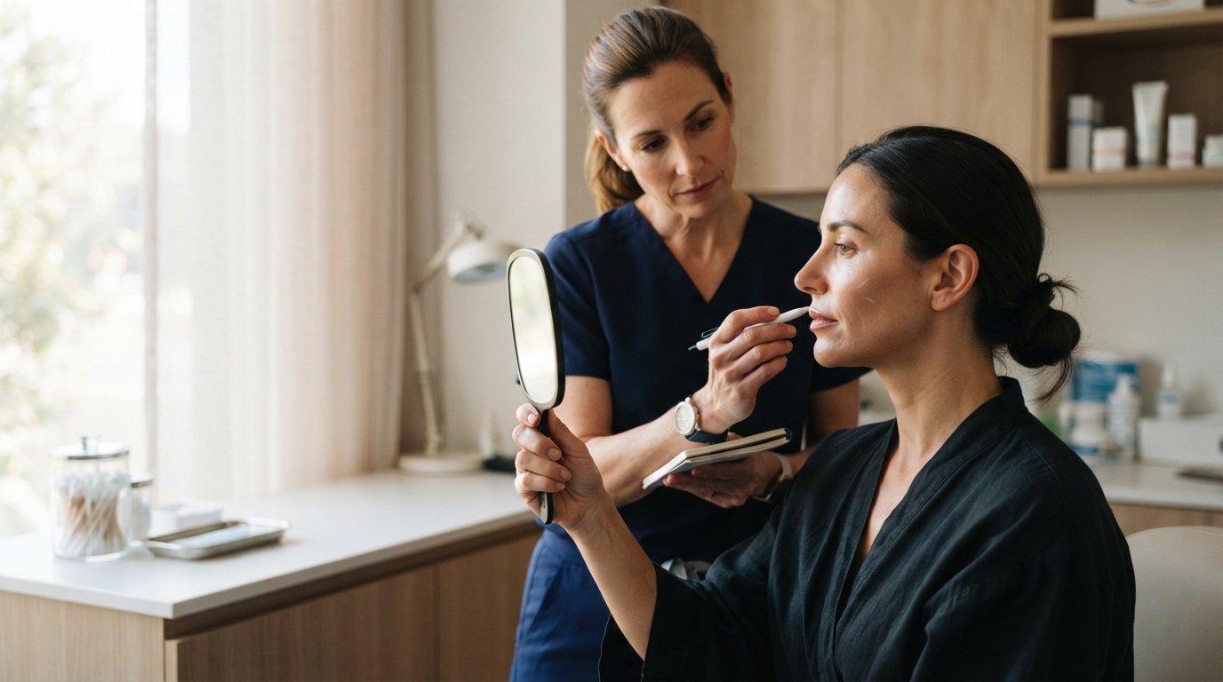 A clinician studies a patient’s facial profile in a handheld mirror during a treatment-planning consultation, with soft