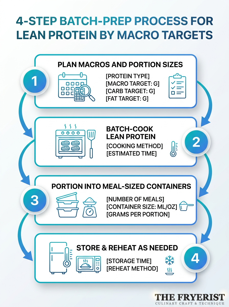 4-step batch-prep process for lean protein by macro targets; Macro-Focused Lean Protein Batching infographic.