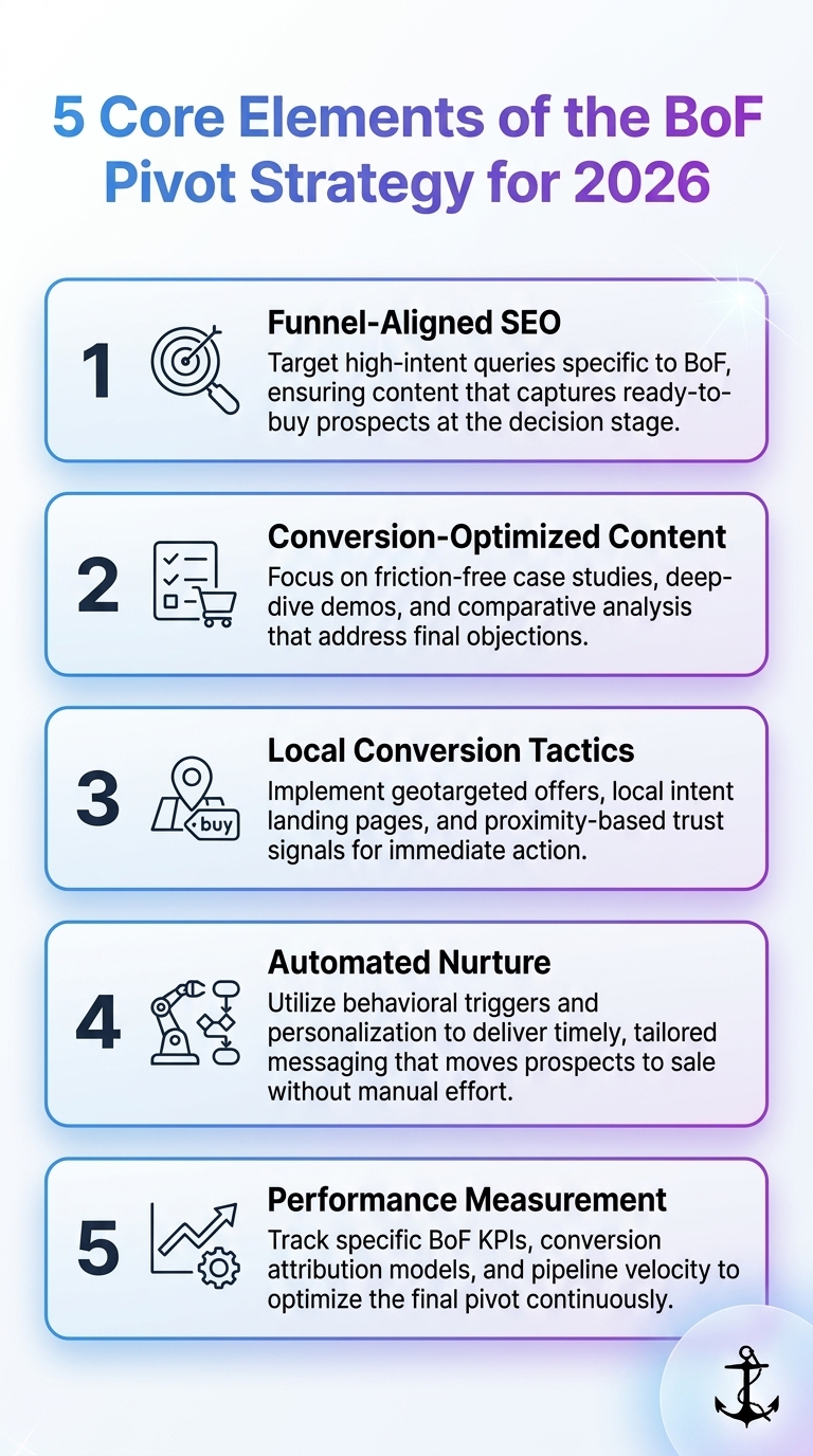 Infographic: five core elements of The 'BoF Pivot' (Bottom of Funnel) Strategy 2026.