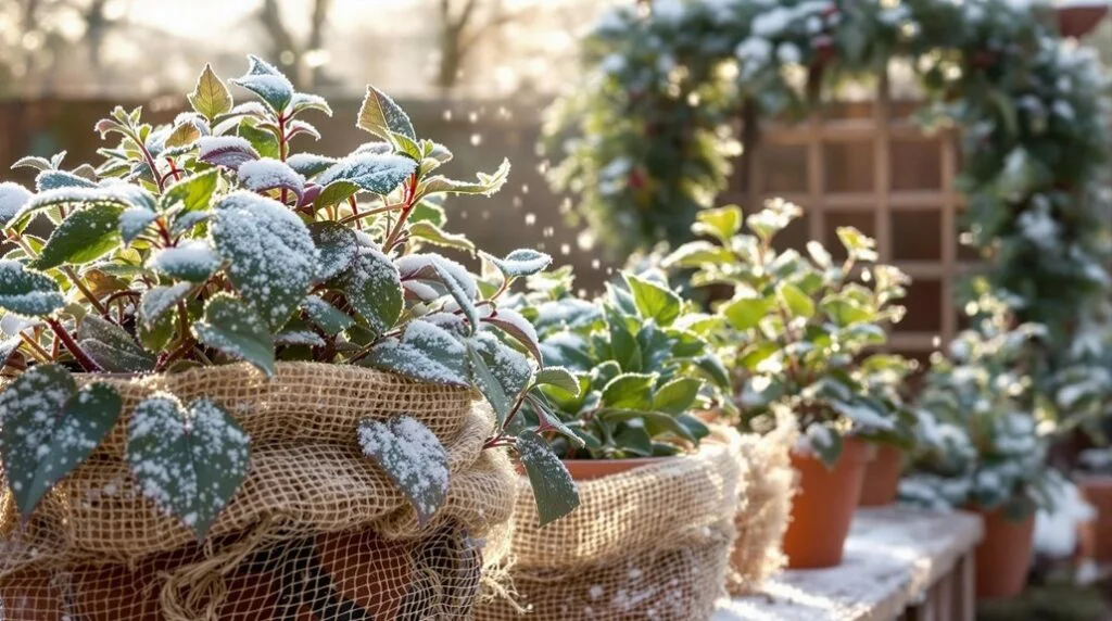 Snow-covered plants in burlap-wrapped planters and terracotta pots