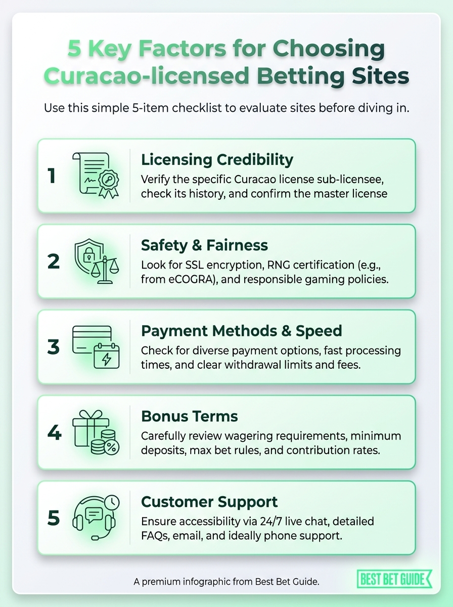 Infographic showing 5 key factors for choosing the best Curacao betting sites, highlighting Curacao-licensed options