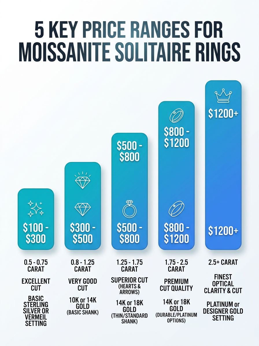 Infographic outlining 5 key price ranges for affordable moissanite solitaire rings for modern weddings.