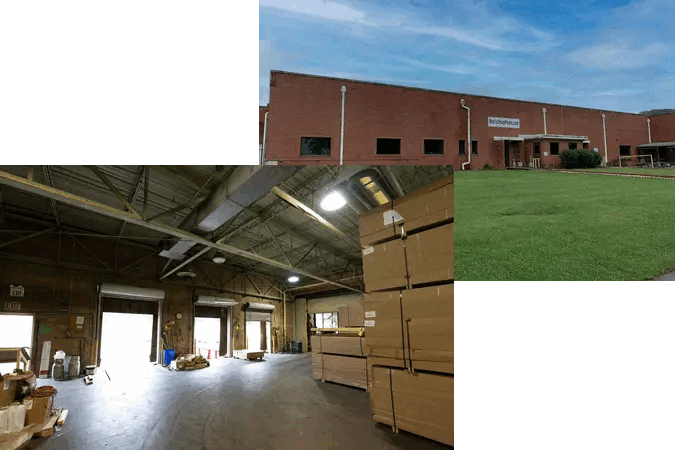 Exterior of a low brick commercial warehouse beside a green lawn, and interior warehouse with stacked cardboard boxes.
