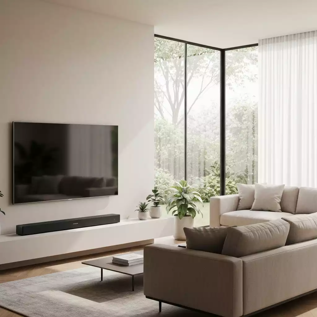 Sleek soundbar under flat screen TV