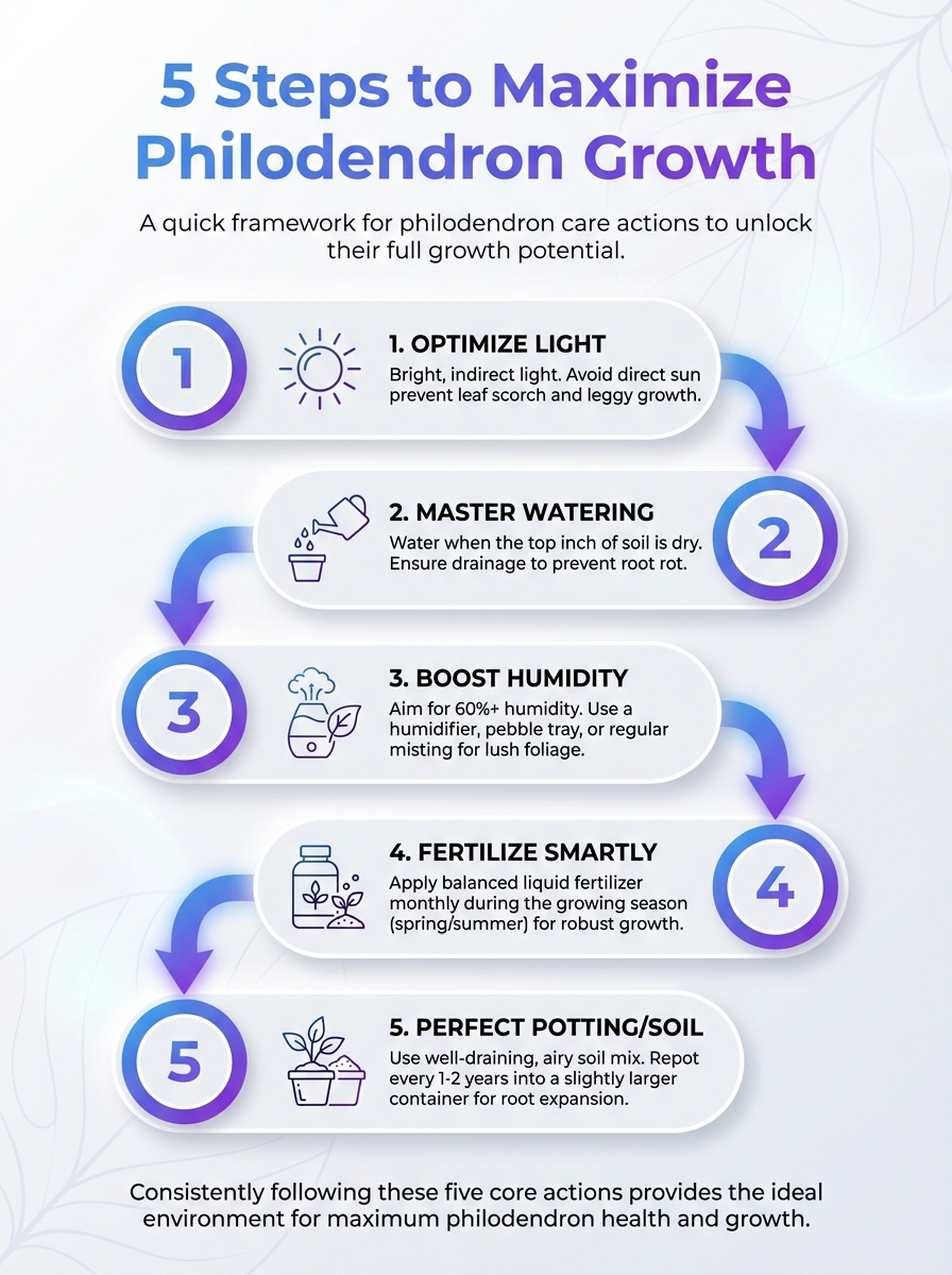 Infographic: 5 steps to maximize philodendron growth and proper care.
