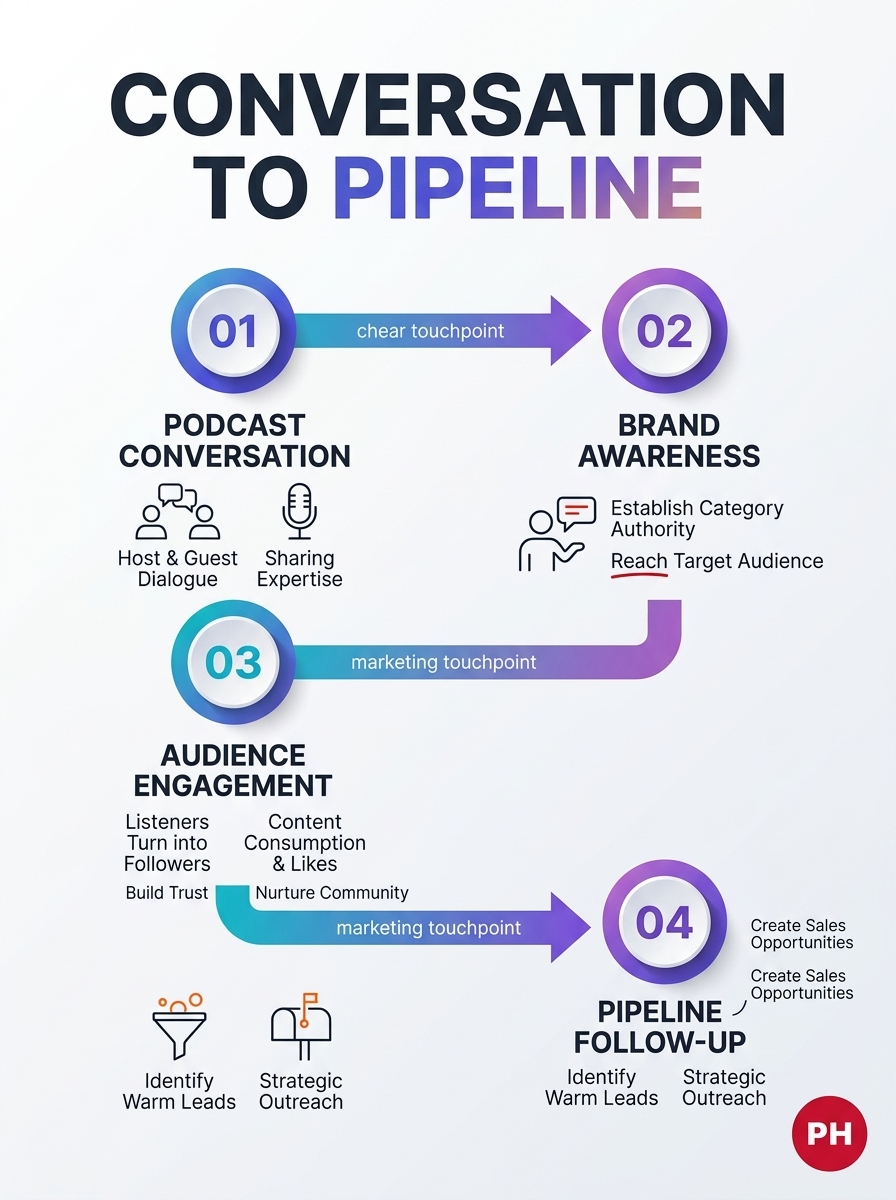 B2B podcast marketing infographic tracing the path from a conversation to the sales pipeline