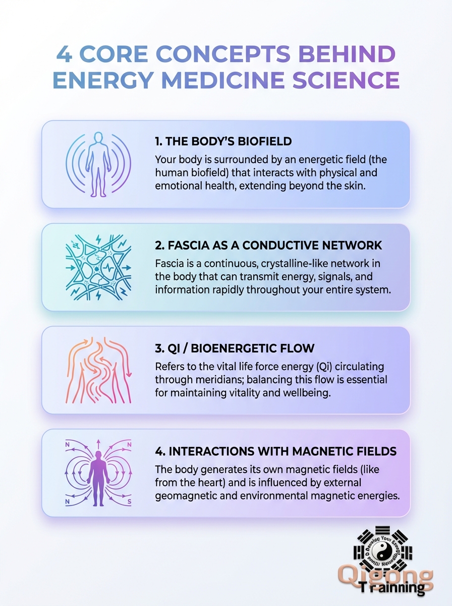 Infographic: 4 core concepts behind energy medicine science; Understanding the Science Behind Energy Medicine Techniques.
