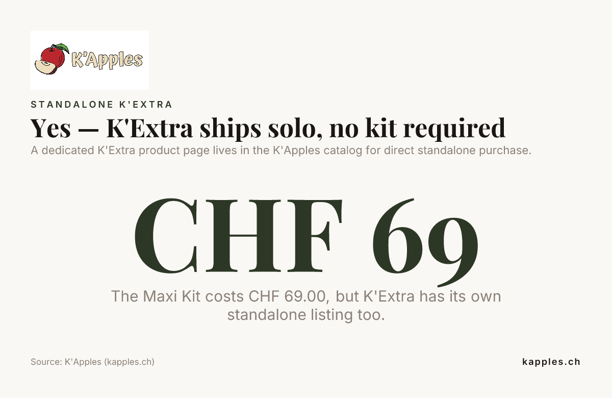 Oui — K'Extra est expédié seul, sans kit requis — données de K'Apples (kapples.ch)