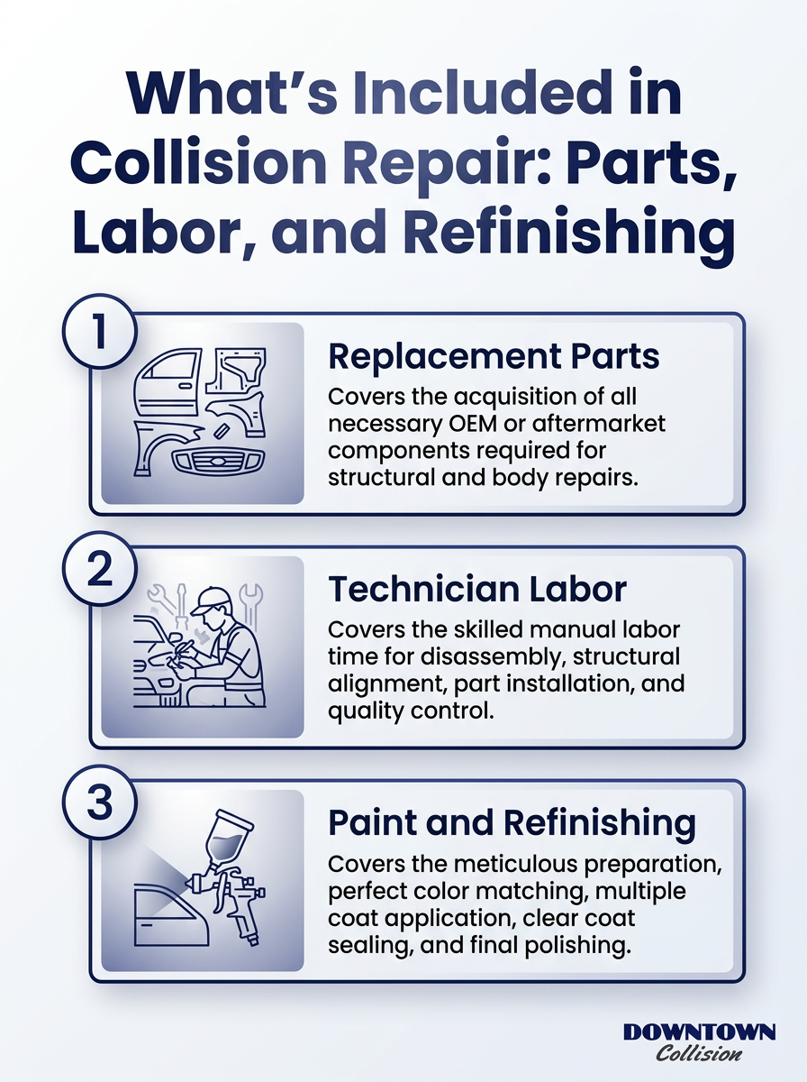 Infographic outlining collision repair checklist: parts, labor, and refinishing.