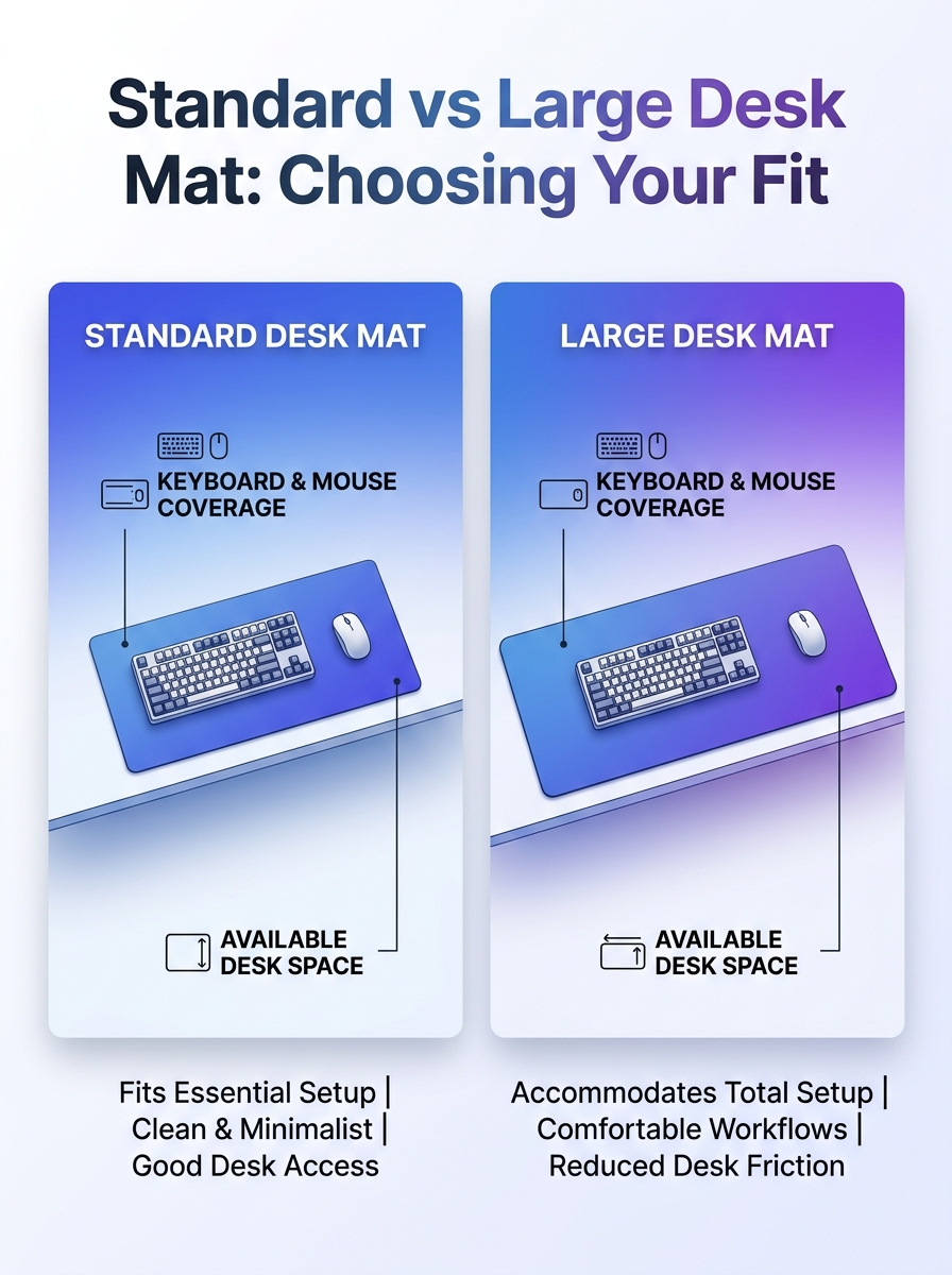 Comparison of standard and large desk mats for workspace coverage