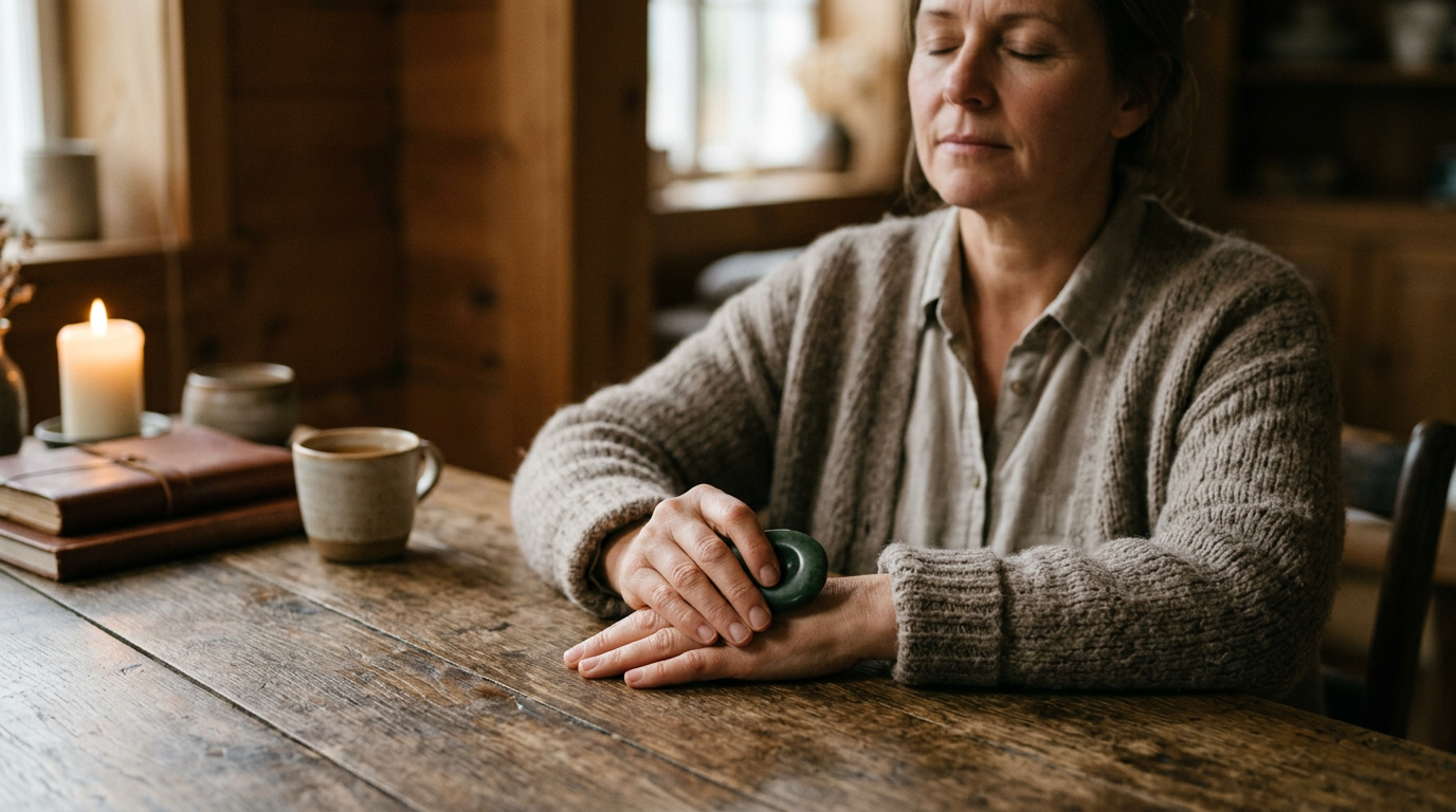Rubbing a smooth worry stone during a quiet moment