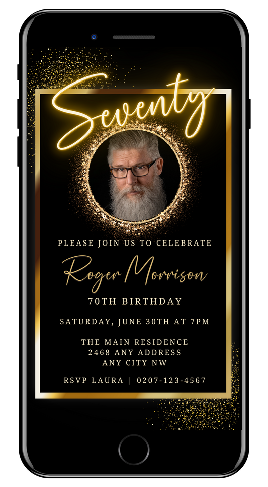 Neon Gold Oval Photo Frame 70th Birthday Evite featuring a bearded man