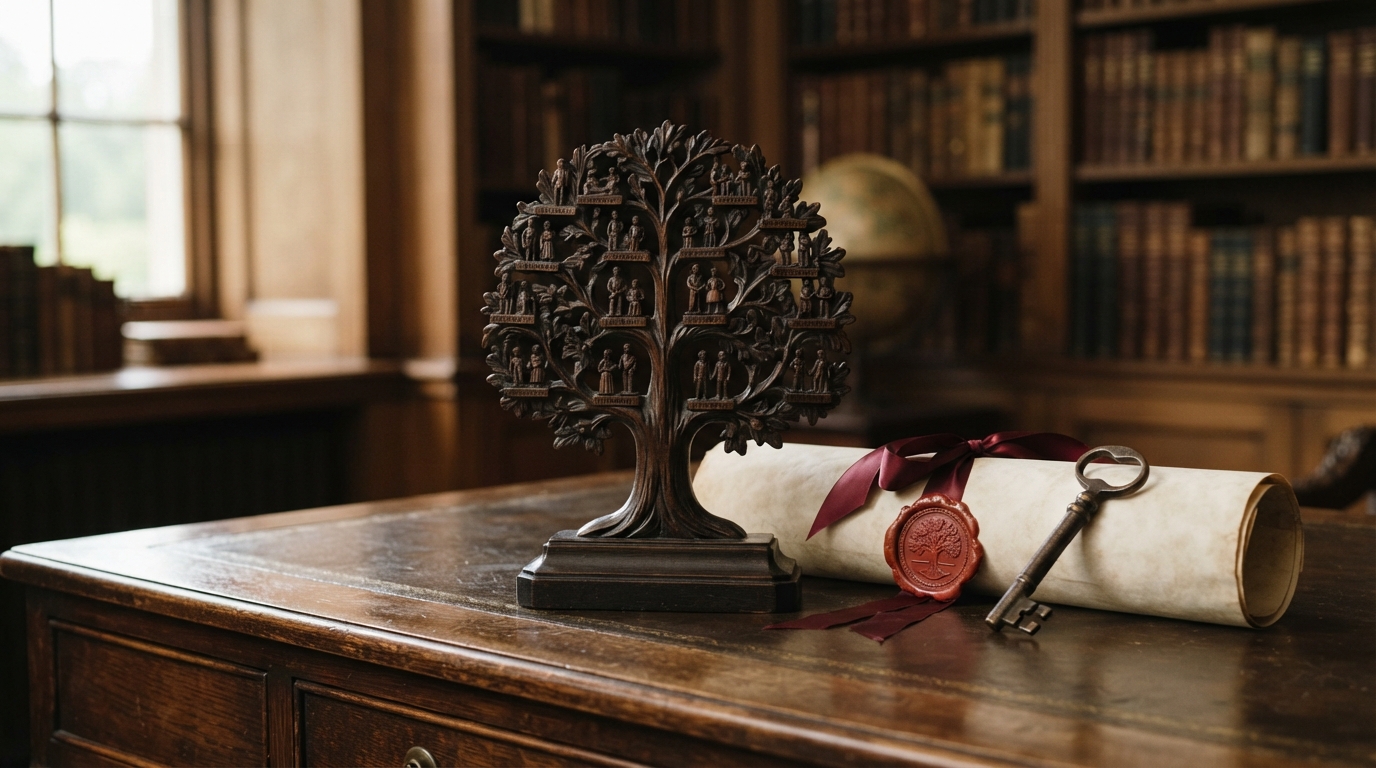 A carved wooden family tree stands beside a sealed foundation charter and brass key on a dark library desk.