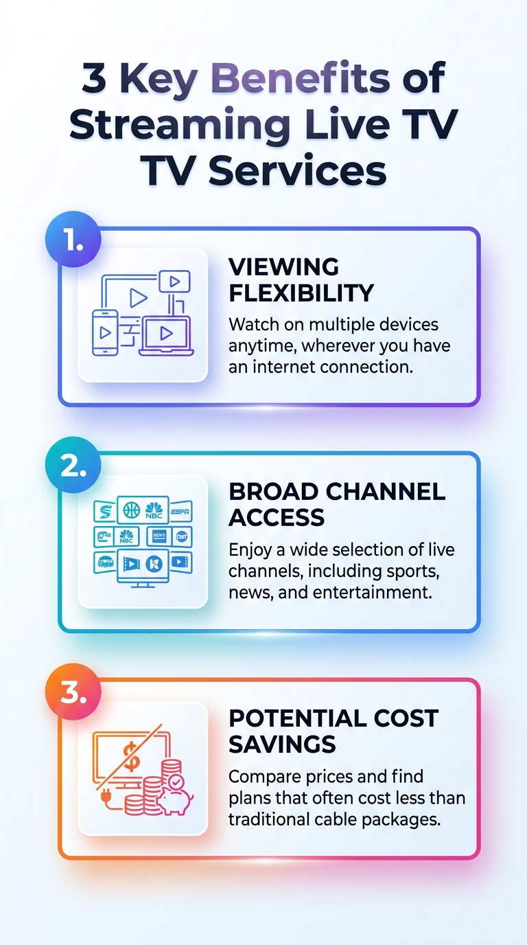 Infographic: 3 key benefits of streaming live TV services - flexibility, cost savings, and on-demand access.