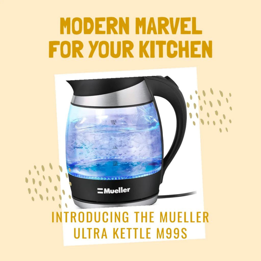Mueller glass kettle with blue lit water