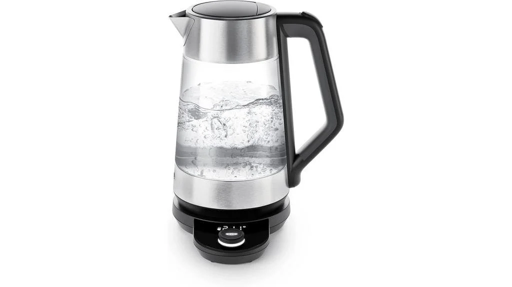 Clear glass electric kettle with a stainless steel lid and base