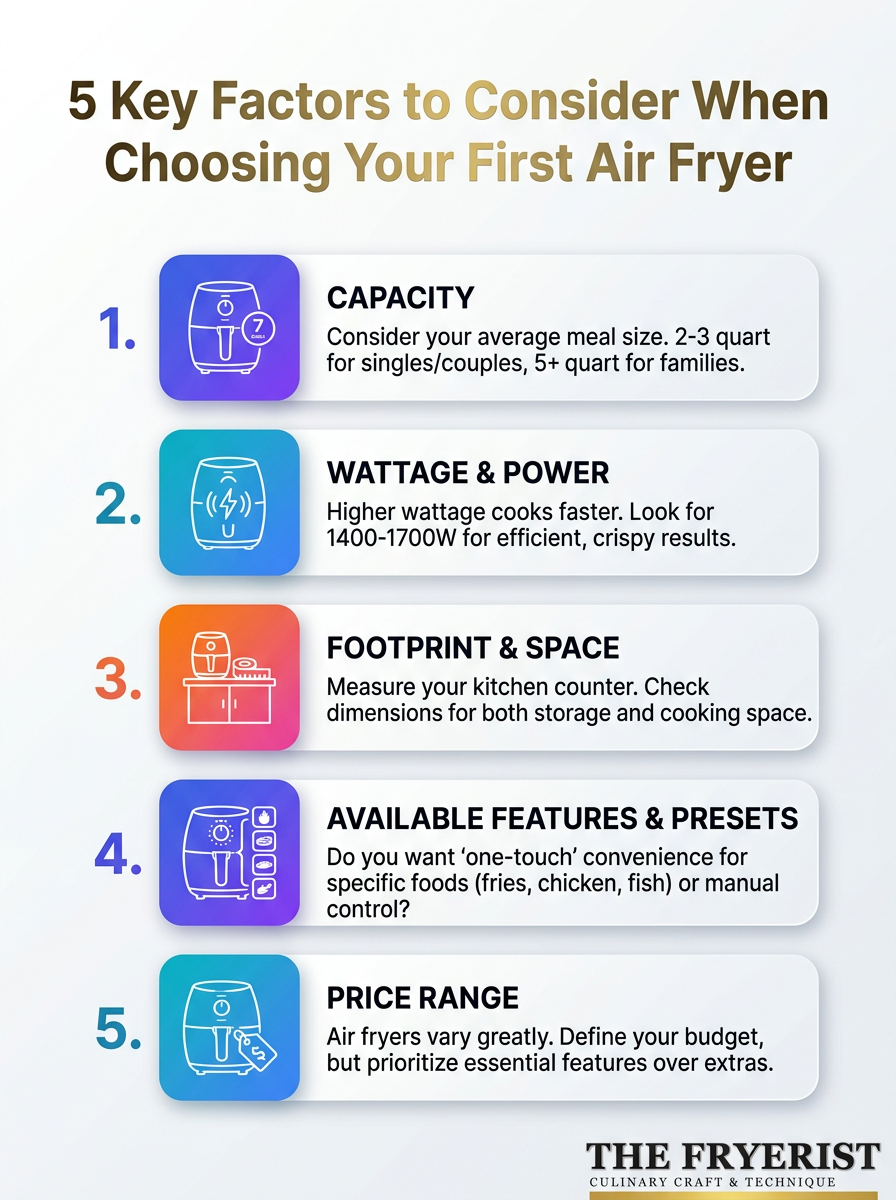 Infographic: 5 factors to consider when choosing your first air fryer - Choosing Your First Air Fryer.