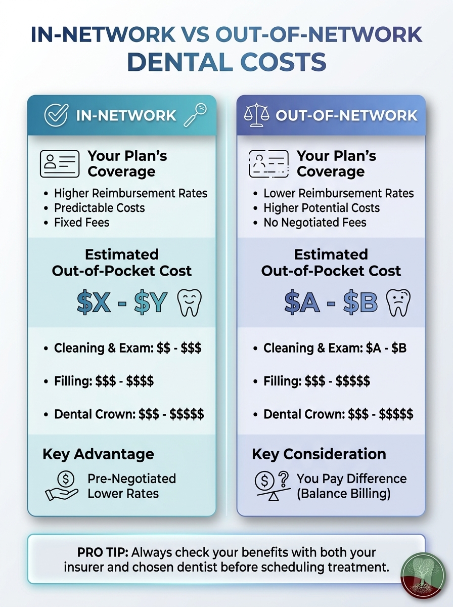 Infographic comparing in-network vs out-of-network dentist costs, including differences in fees and insurance coverage