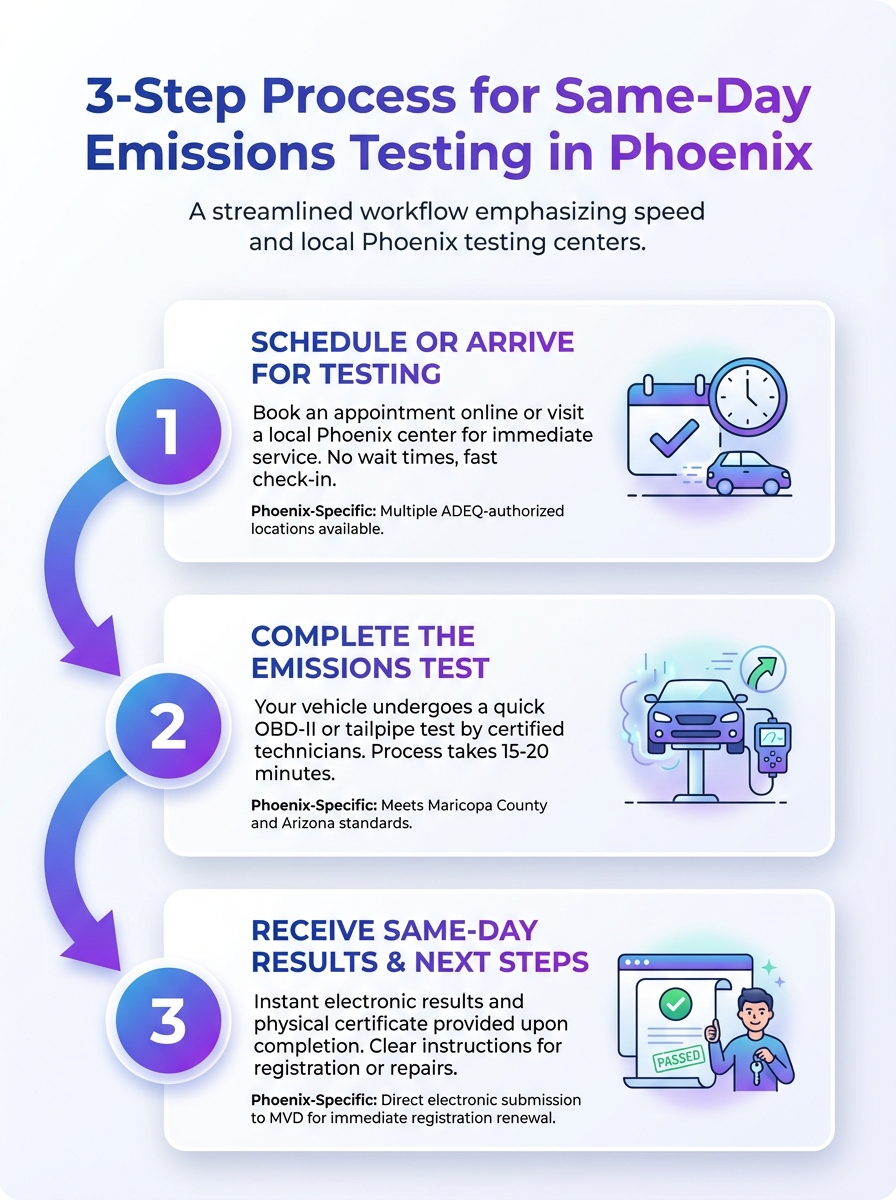 Infographic: 3-step process for same-day emissions testing in Phoenix