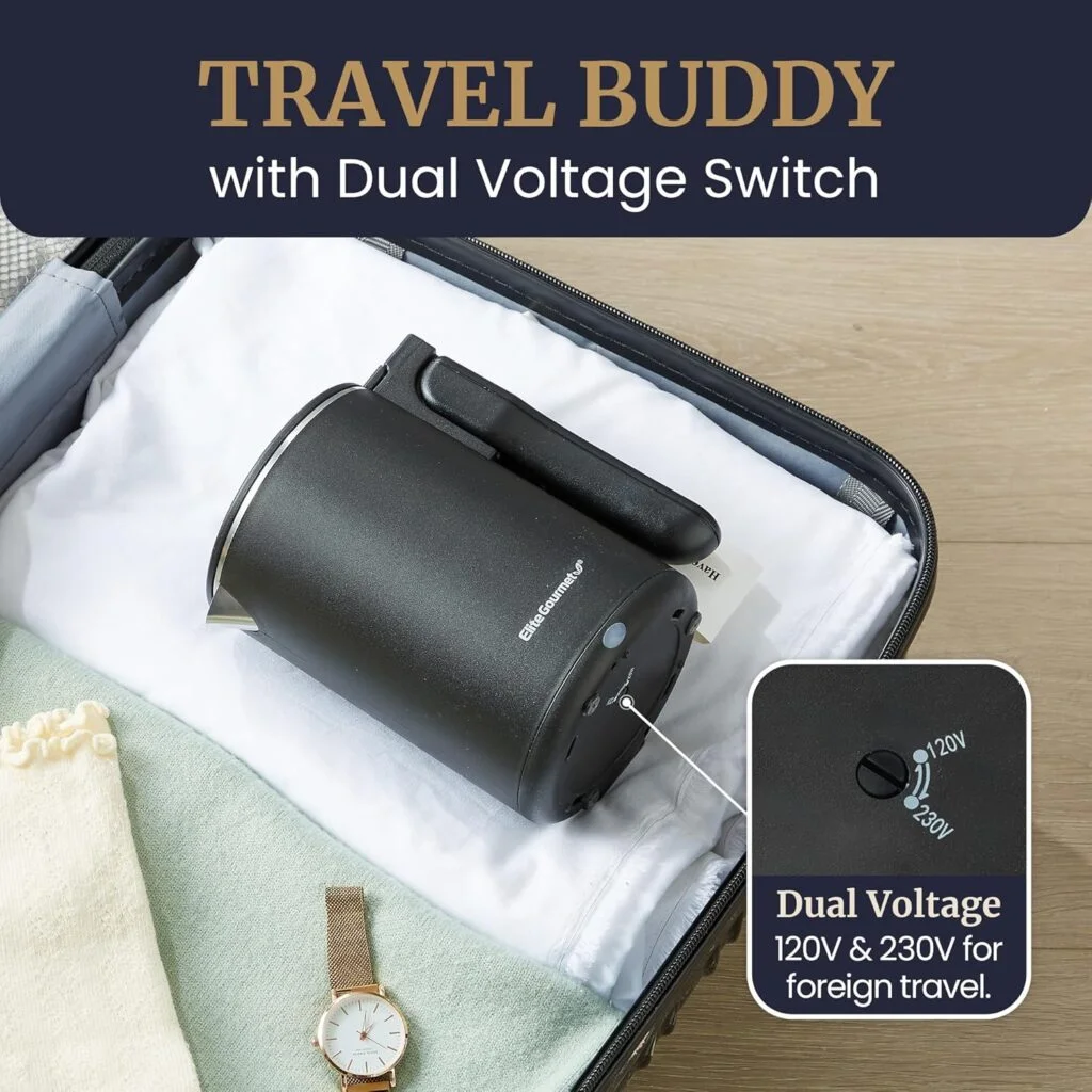Travel kettle packed in an open suitcase