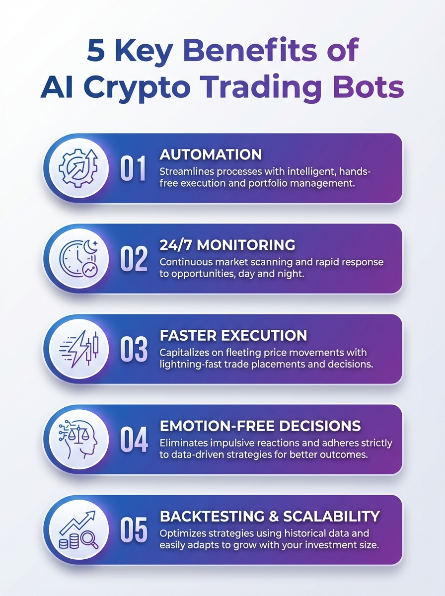 Infographic showing 5 key benefits of AI Crypto Trading Bots for smarter trading, efficiency, and risk management.