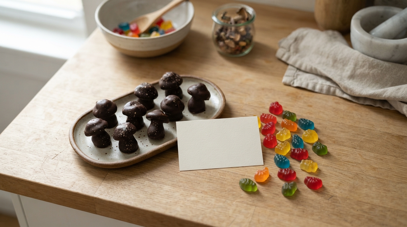 Unlabeled mushroom-shaped chocolates and colorful gummies sit beside a plain ingredient card on a bright kitchen counter