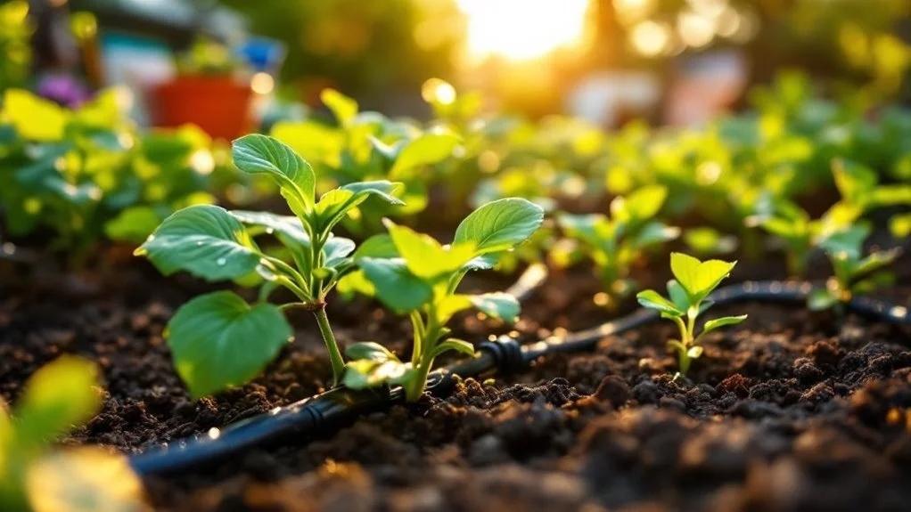 Green seedlings grow in dark soil beside black drip-irrigation tubing in a sunlit garden.