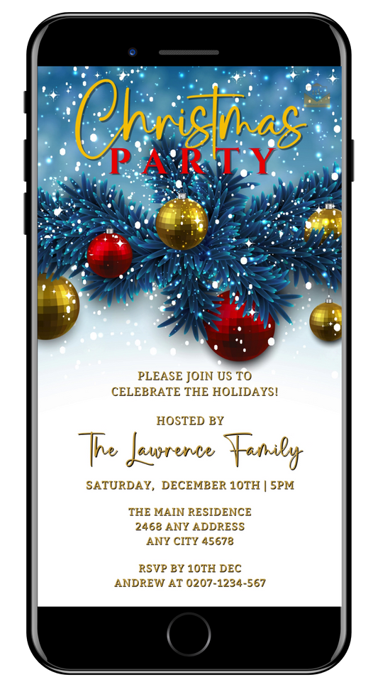 Snowy Elegance Blue Leaves Christmas Party Video Invitation