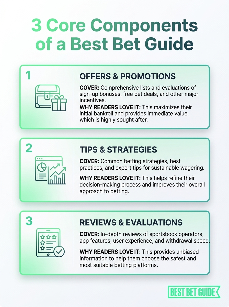 Infographic showing the 3 core components of a Best Bet Guide (bestbetguide)